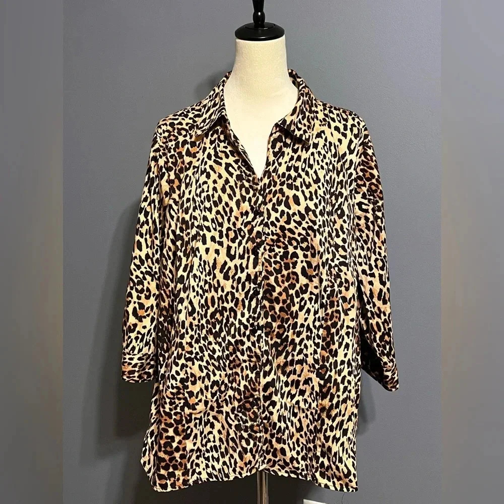 Lane Bryant leopard print button front long sleeve top size 24W